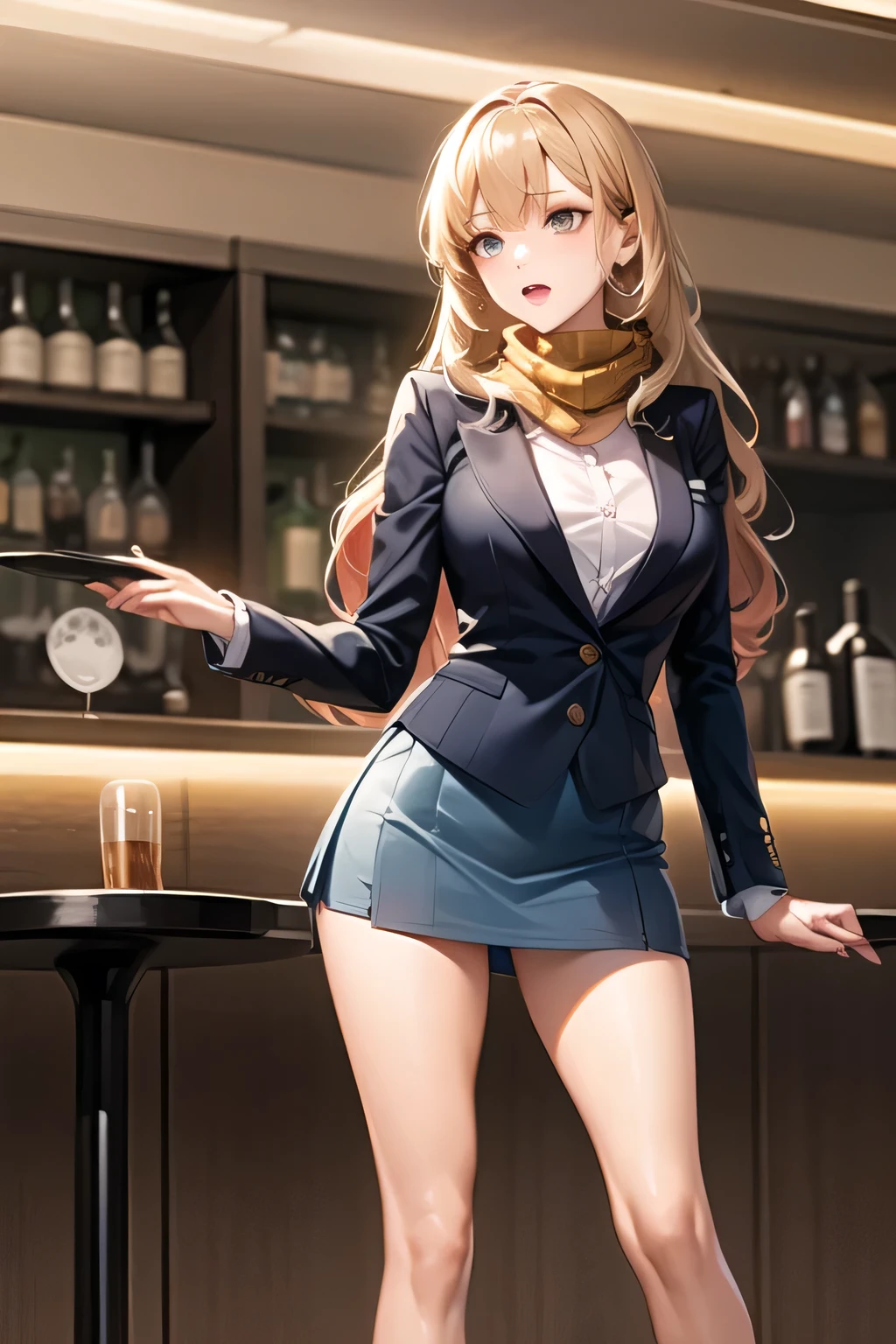 Long blond wavy hair at the seaside in golden hour、 accurate depiction of hands and feet 、can you draw a formal waitress uniform、 ,(Let's draw a more delicate expression),(yellow scarf),( Navy blue blazer , Dark Blue Micro Mini Skirt ),(the bottom of the blazer is a white blouse)( dark blue panties ),brown stockings,black high heels,, Facial expression is a top priority、Don't fix your face ,only,Bartender at the bar counter, , , She's an attractive woman , standing , , big breasts, thin waist , , ,, it's important to accurately draw 5 fingers,,30 year old adult 々々sexy woman,