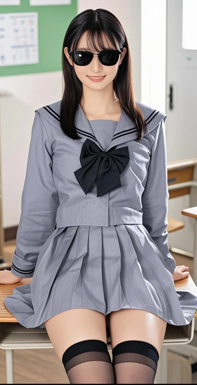 ((highest quality、8k、masterpiece:1.3)),((((cowboy shot)))),Ultra-high resolution,big eyes,Japanese,bangs,(a girl),(1 girl),((20 years old)),((facing at viewer)),(long hair),(((black sailor uniform))),grin,((sitting on chair)),(pleated mini skirt),(((pussy))),((pubic hair)),((skirt lift)),((short crew socks))