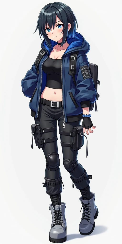 a girl wears black scarf, sleeveless gray turtleneck with black stripes at the end of shoulders, black belt, black jogger cargo pants, black combat boots. She has blue short hair, her bangs is covered her left eye, teal color eyes.