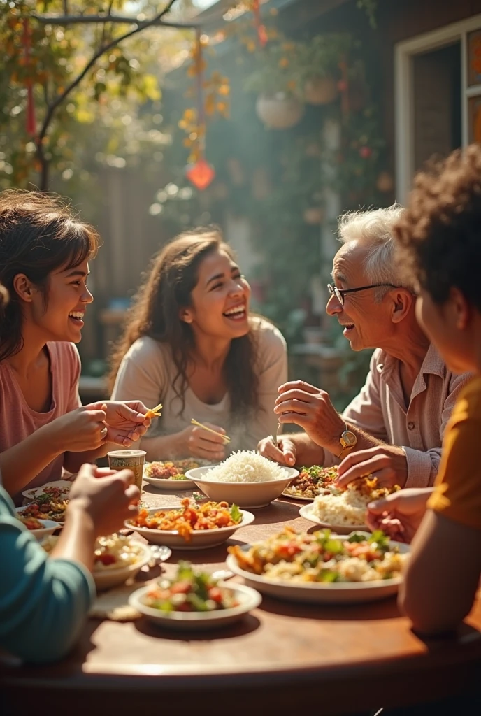 Raw Photograph of a smiling multi-age ((max age 40)), multi-cultural and multi-national group of people, ((wearing light, casual clothes)), gathered in a well-lit living room and cozy, sharing a meal. The image must convey human warmth, community and welcome. award winning photo in 2023, high details, high res, color picture, NIKKOR AI-S 300mm f/2 + CANON 0.71x Focal Reducer, 300mm focal lens, ISO 800, flair reducer lens, LEICA photography, focus on the subject, ultra realistic photography, cinematic composition