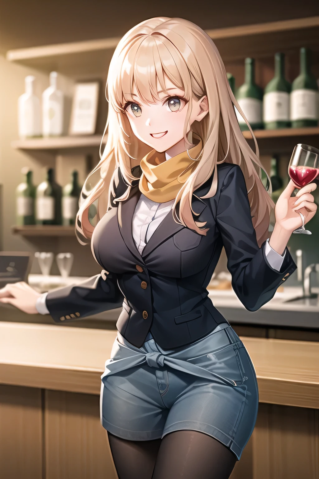 A woman with a lovely smile,can you draw long blond wavy hair、 accurate depiction of hands and feet 、can you draw formal waitress outfits on the beach during golden hour、 ,(Let's draw a more delicate expression),(yellow scarf),( Navy blue blazer , Dark Blue Micro Mini Skirt ),(the bottom of the blazer is a white blouse)( dark blue panties ),brown stockings,black high heels,, Prioritize facial expressions, so、don't cut facial contours ,only,Bartender at the bar counter, , , She's an attractive woman , standing , , big boobs, thin waist , , ,, it's important to accurately draw 5 fingers,,30 year old adult 々々sexy woman,