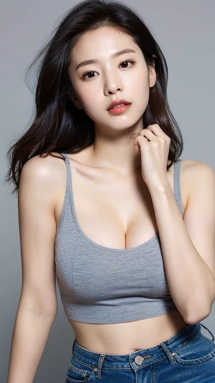 (lifelike, high - resolution:1.3), 1 girl with a perfect body, Super fine face and eyes,slong hair, Tank top of random colors:1.2, short jeans, big boob,Expose cleavage