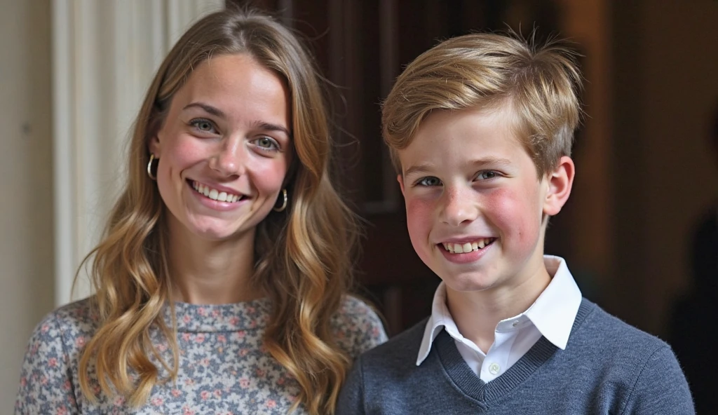 a blonde woman, hugging a a little boy at a church, with an evil smile on her face 