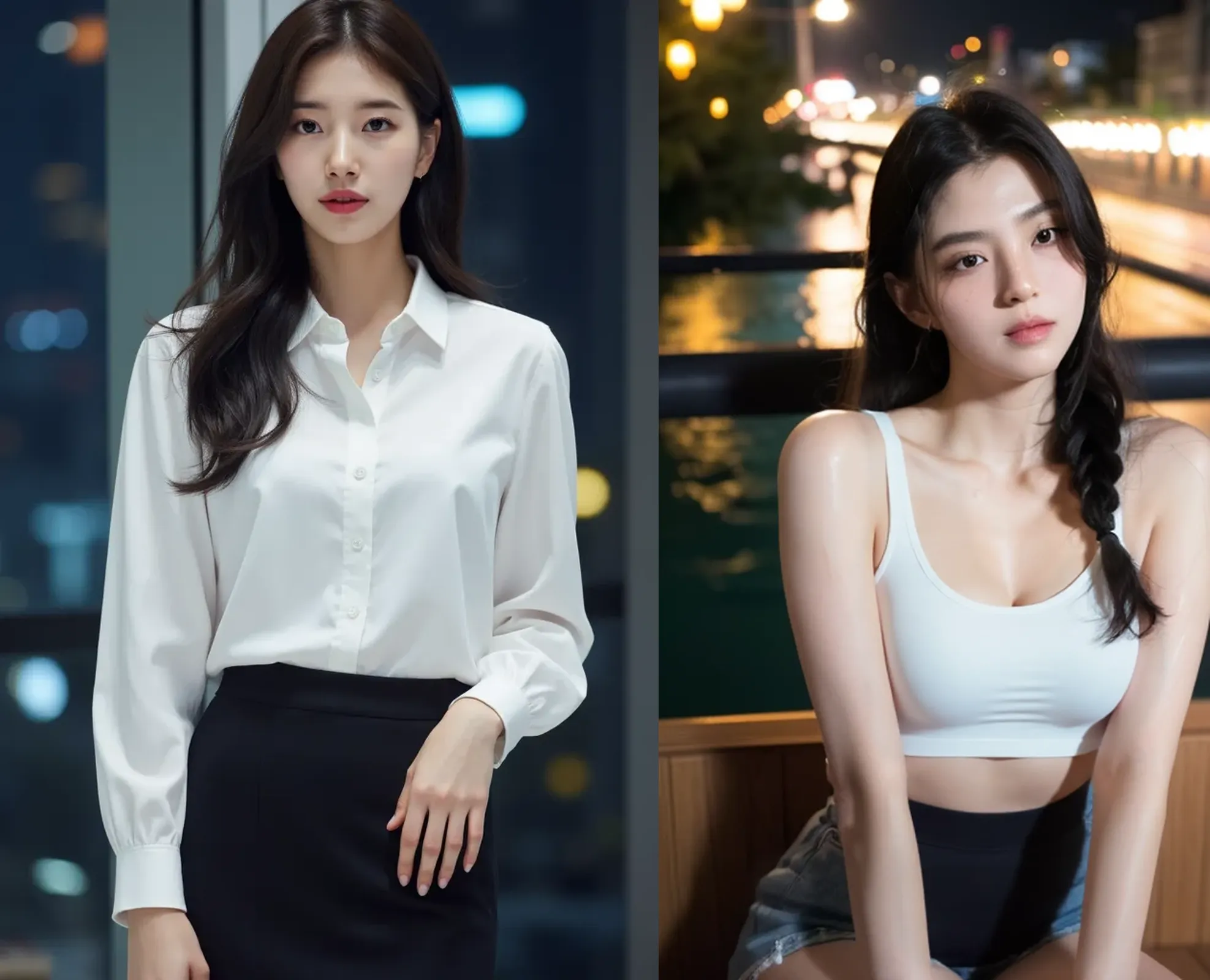 "2 girl, (looking at the viewer), (bokeh:1.1), smiling, softly lit, peaceful expression, realistic, meditative pose, starry night sky, wearing a shirt and pants, urban skyline in the background, realistic atmosphere, inspired by Chingmy Yau V2."