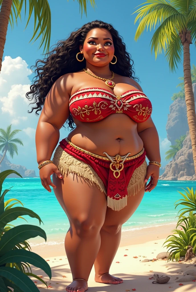 (work of art:1.2, best qualityer:1.2), SSBBW, Giant breasts, thunder thighs, soft ambient lighting, perfect lighting, 1 girl, standing alone, Chel, Bblack hair, long hair, rhombus stripe, eyes browns, darkskin, lipstick, breasts big, Broad Hips, top of the tube, neckleace, bared shoulders, emerald earrings, emerald bracelets, looking at the camera with a smug expression on his face, beach background, very large body, fat belly rolls, big breasts, sexy smile, fat arms, thunder thighs, super fat, looking at viewer, wet clothes, sweating very hard, sexy looking, blob