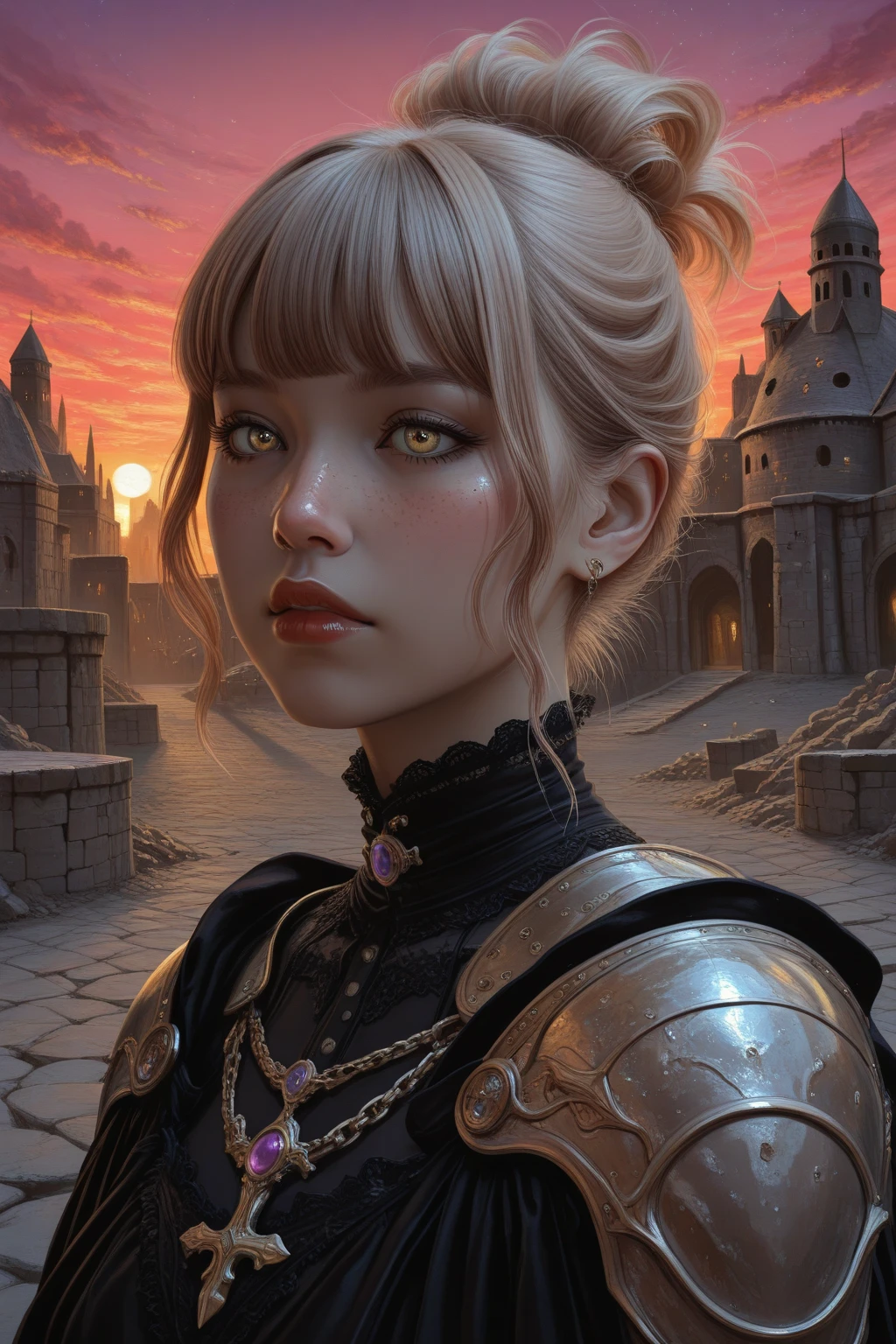 ((best quality, masterpiece)),
1girl, power pose, black and green necromancer plunging armor, white messy hair, sword, outdoor, night, moonlight, smokes on background, ((full moon ):0.5), medieval, fantasy, castle on background, <lora:more_details:0.5>