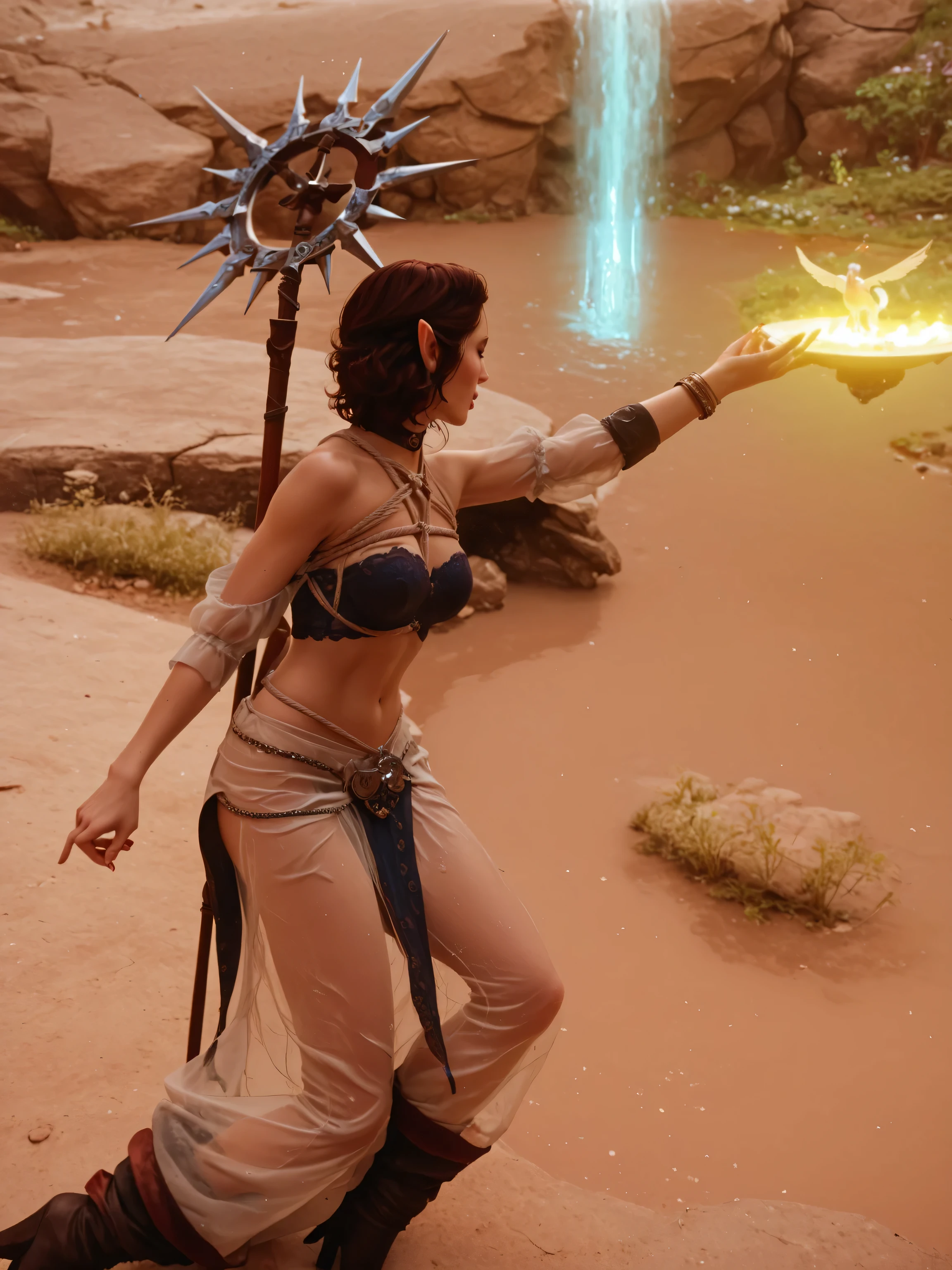 dragon age inquisition, elven character, elf woman, she has elf ears, female character, Perfect round medium breasts, short red lesbian hair, juicy lips, sexy body, slim waist, thin, skinny, scantily clad, translucent clothing, ornate embroidery, shibari