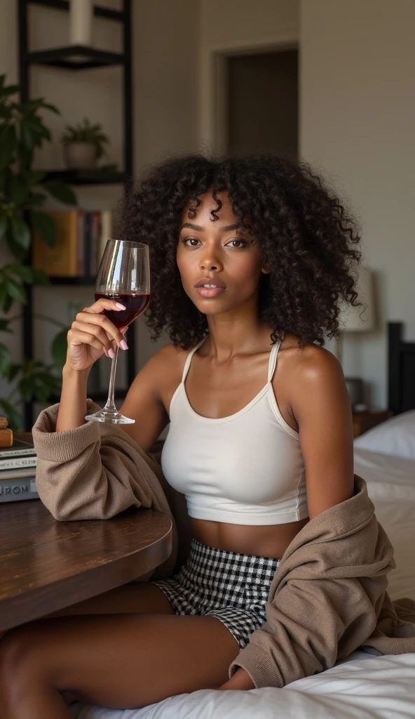 <lora:Laura_Branco:.8>dark skin, black curly hair, honey eyes, white shirt, off shoulder, black shorts, socks, looking at viewer, serious, smiling, sitting, on sofa, inside cozy living room, holding glass of red wine, romantic ambiance, high quality, masterpiece
