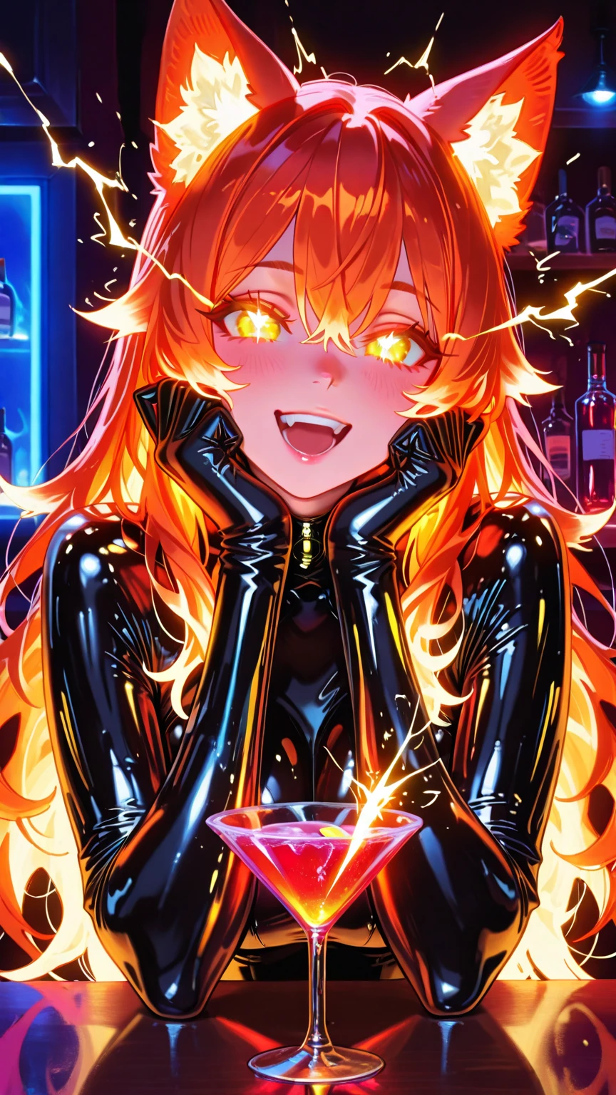 masterpiece, ultra detailed, cinematic anime style, 8k, highly expressive face, intense lighting reflections —
In a stylish and luxurious catgirl-themed night bar, bathed in deep neon purples, soft blues and golden glow, a shocked catgirl leans over the bar counter, frozen in a dramatic reaction.

Her pose, facial expression, and hands exactly mimic a comical overreaction —
eyes wide open glowing bright orange with magical energy, mouth agape in astonishment, hands pressed against her cheeks, ears perked and fur glowing at the tips, electricity sparking around her head from surprise. She wears a tight, fashionable black  with shiny leather texture and golden accent lines, hinting at elegance and allure. Her short black-and-orange hair glows subtly under the neon bar lighting.

On the bar counter in front of her, a flaming and sparking cocktail glass sends out golden arcs of magical electricity, lighting her face and casting reflections on the polished surface. The sparks reflect in her glowing eyes, enhancing the drama.

In the background: velvet walls, bottles glowing in pinks and purples, barstools shaped like cat paws, ambient warm lighting, other catgirls blurred in the background, laughing and enjoying the night. Focus: same angle and composition as original image, upper half body shot, comic dynamic emotion, extreme detail on facial expression and hands, reflections on bar glass, magical sparks and glowing liquids. 