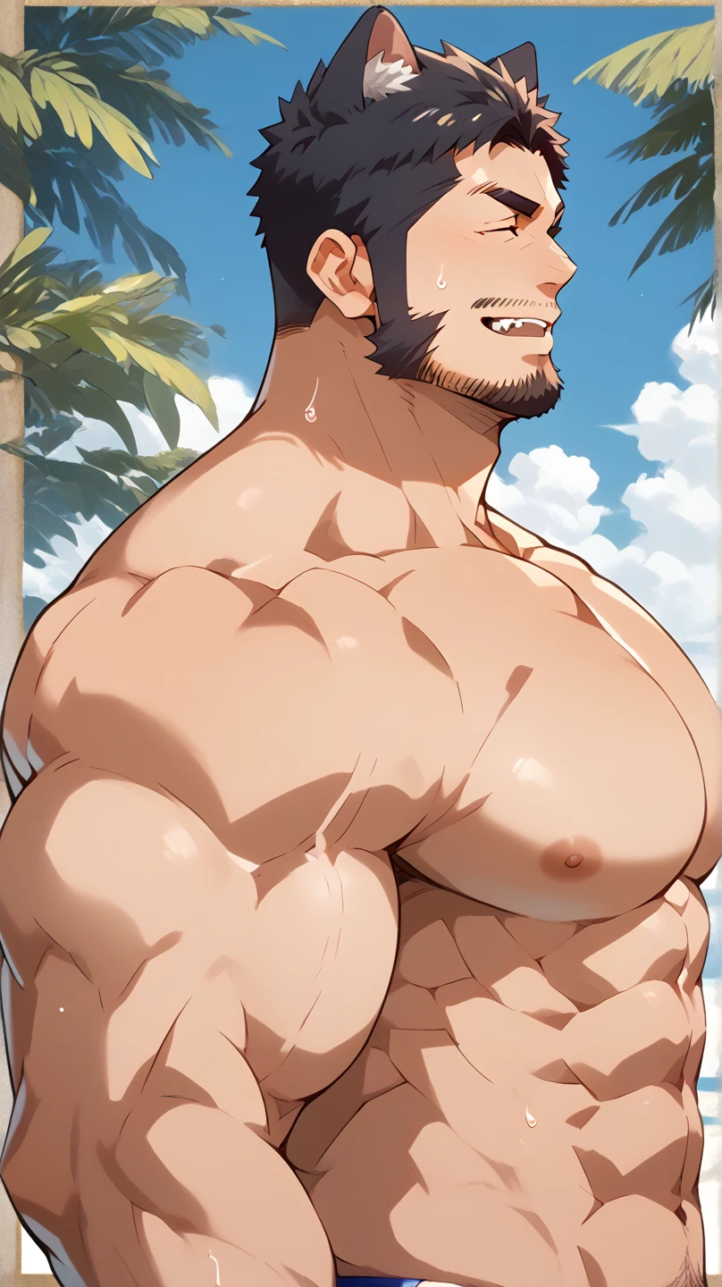 red skin, bright red skin, the boy blushed shyly , rosy skin, shiny skin(muscular thigh muscles )( anime style, art) (photo angle from bottom up) (photo angle from the ground upwards) [Anime photo][highest quality photo][4k,HD photo quality ] wear tight and short loincloths ,the loincloth bulges due to the erect male genitals (muscular thigh muscles, firm thigh muscles, muscular thigh muscles, sinewy thigh muscles, giant thigh muscles, strong leg muscles, muscular hamstring leg muscles)(thigh muscles bulging as if about to explode, muscular, calloused, sinewy, giant) , Rudeus Greyrat,fun, happy,bodybuilder,bodybuilding, standing, lots of sweat flowing down, topless, shirtless, hot sunny, 8 pack abs , short hair , green eyes, Side View, One hand behind the head.