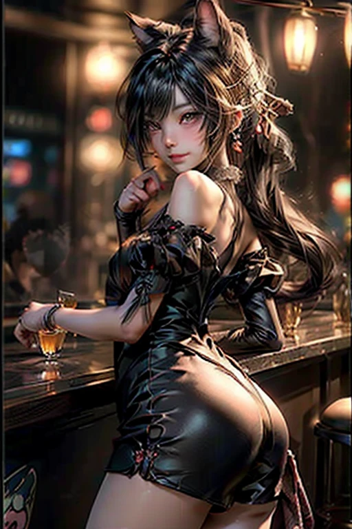 3d, hyper-realistic, sculpture of a adult Azula sitting on the floor in an alley, pale skin, long black hair, looking messy, dripping makup with a bottle of wine in hand, wearing purple lingerie, (wedding dress garter:1.2), athletic and fit body, thin, flirty, looking happy challenging, looking at the camera, night, city lights (rain, puddles:1.5), realistic, HDR, UHD, dynamic, portrait shot, is Azula,