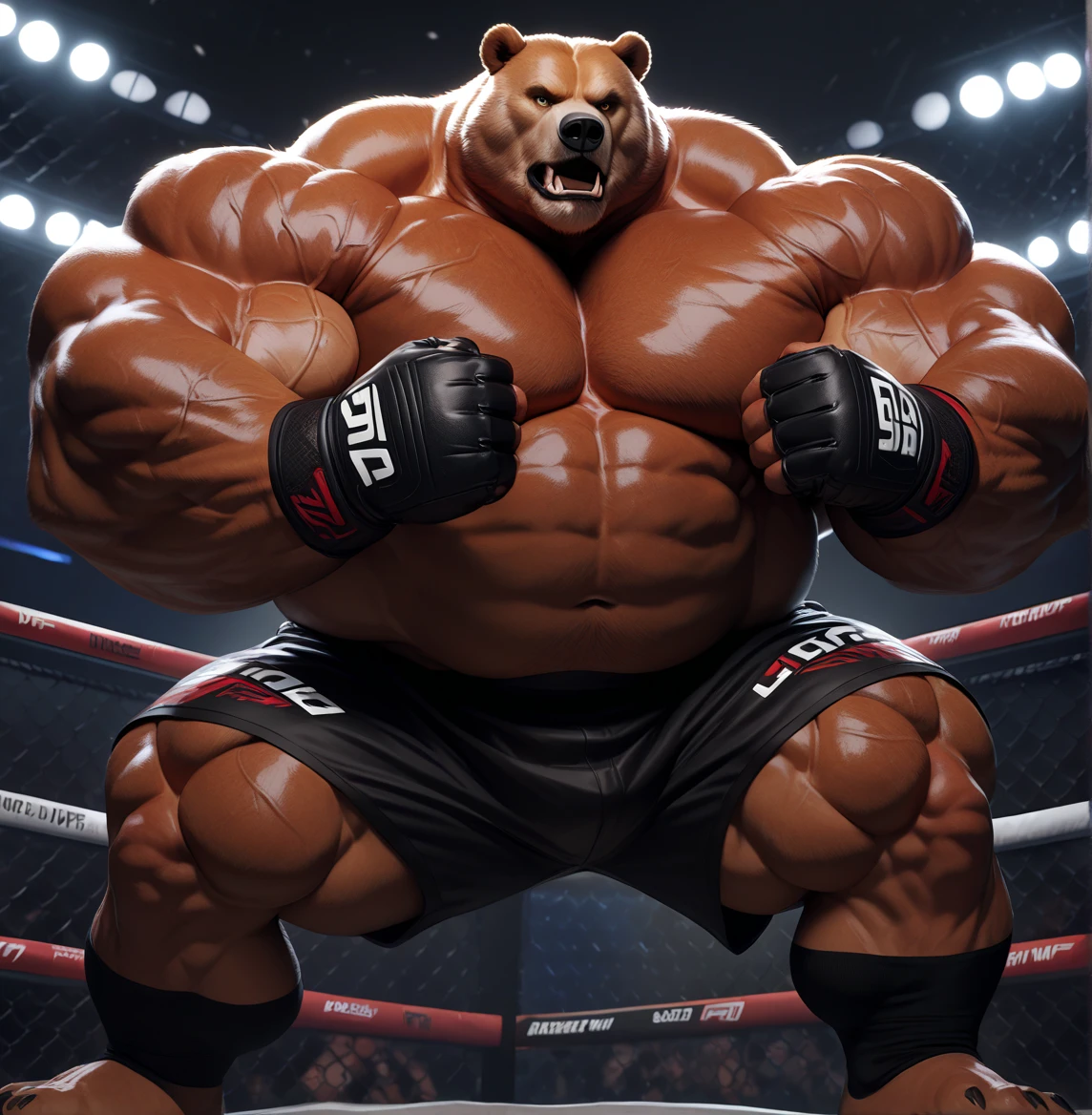Solo, 1boy, huge muscular kodiak brown bear in big gym fitness center, big smirking, kodiak bear, huge brown fur, thick arms, huge arms, big fists, veins all over arms and chests, bald, big brown mustache and beard, (muscular, pectoral, wide pectoral, thick arms), HEIGHT: 220CM, WEIGHT: 370KG, gym sets, workout equipments, ring, punching bag, 8k, masterpiece, added cinnamon colored eyebrows, deatiled eyes with red pupils, (wearing black mixed martial arts shorts with red slits, black mixed martial art fingerless gloves with red pads, black toeless footwear tapes, shirtless and topless), punching and kicking techniques, 
