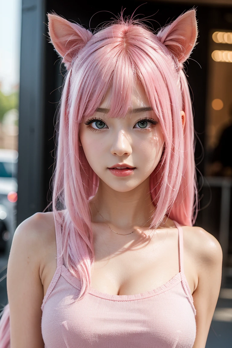 ,((Pink Hair))、((Pink Hair))、((Twin tails))、((Small fox ears))、((Highest quality、8k、masterpiece))、((Landmine Girl))Highest quality、Professional Writing、 Detailed workmanship、High resolution、(8k, High resolution:1.2)、(RAW Photos, Realistic:1.3)、masterpiece、Slim figure、High resolutionの顔、The face is in focus、High resolutionの目、(concentrated, Symmetrical pupils:1.2)、Slim figure、High quality and beautiful skin、Firm skin High definition hair texture、 (Japanese schoolgirl)、Unparalleled beauty、17 years old 、((On the streets of Kabukicho at night))、(Summer JK uniform)、(Sit on the ground:1.3), ((Keep your arms tight against your chest:1.3)), Very cute, (Very angry:1.3), (blush:1.3), (scared:1.3), Strange facial expression、Look up at the camera:1.2、(Shirt front opening:1.2), (Cleavage, Browsing Caution)