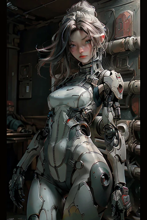 an android with an extremely beautiful japanese schoolgirl face and robotic arms and legs. her torso is a black rubber bodysuit under a white metal bra and briefs. detailed robotics. hydraulics, cables, gears, mechanical joints. dark brown hair. studio quality. extremely detailed. her figure is slender and compact but with some curves. her belly is flat and muscular.