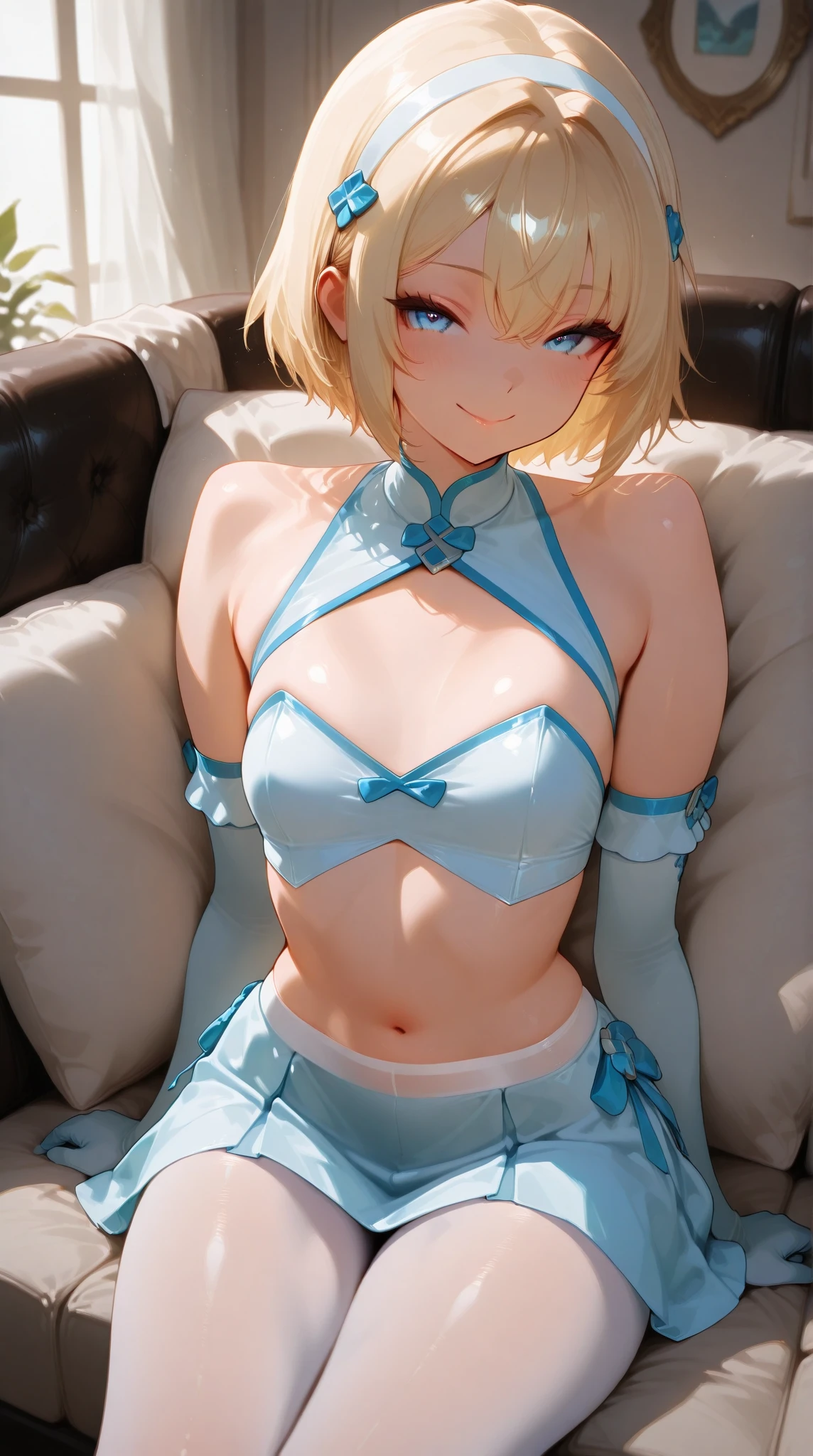 1 girl, Princess Zelda, blonde hair, short hair, blue eyes, soft, soft light, delicate, frills, vagina, dripping cum, (small breasts, exposed breasts, nipples), frilly, smirk, happy, excited, (short frilly socks), petticoat, choker, ruffles, blue and white