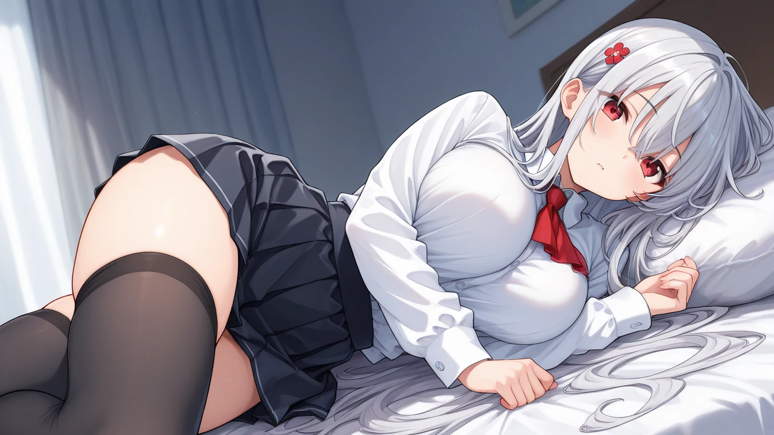 score_9, score_8_superior, score_7_superior, sauce_anime, evaluation_Safety, hakase fuyuki, One girl, Virtual YouTuber, Red eyes, Gray Hair, Long hair short hair, Low twin tails, Side Lock, Hair Clip, Neck ribbon, Red ribbon, Black sweater, Collared shirt, Open jacket, White jacket, flower, Tea belt, Long sleeve, Sleeves are longer than the wrist, White gloves, Pleated skirt, Black Skirt, Black Pantyhose, Lying in bed,Dutch Angle, Particles of light, light, Research Room, window, window shade,masterpiece, Highest quality, High resolution,Titty fuck,Hakase Fuyuki,Virtual YouTuber,vtuber,nsfw,bare breasts,penis,paizuri,breast squeeze,Hakase Fuyuyuki,1boy,男性がsuperior,Horse riding,From the head,Sleep,lies down on bed,male on top,from head side,lies down on bed,Horse ridingTitty fuck,sleepy,gigantic breasts,Huge breasts,Eyes closed,A woman is sleeping on her back