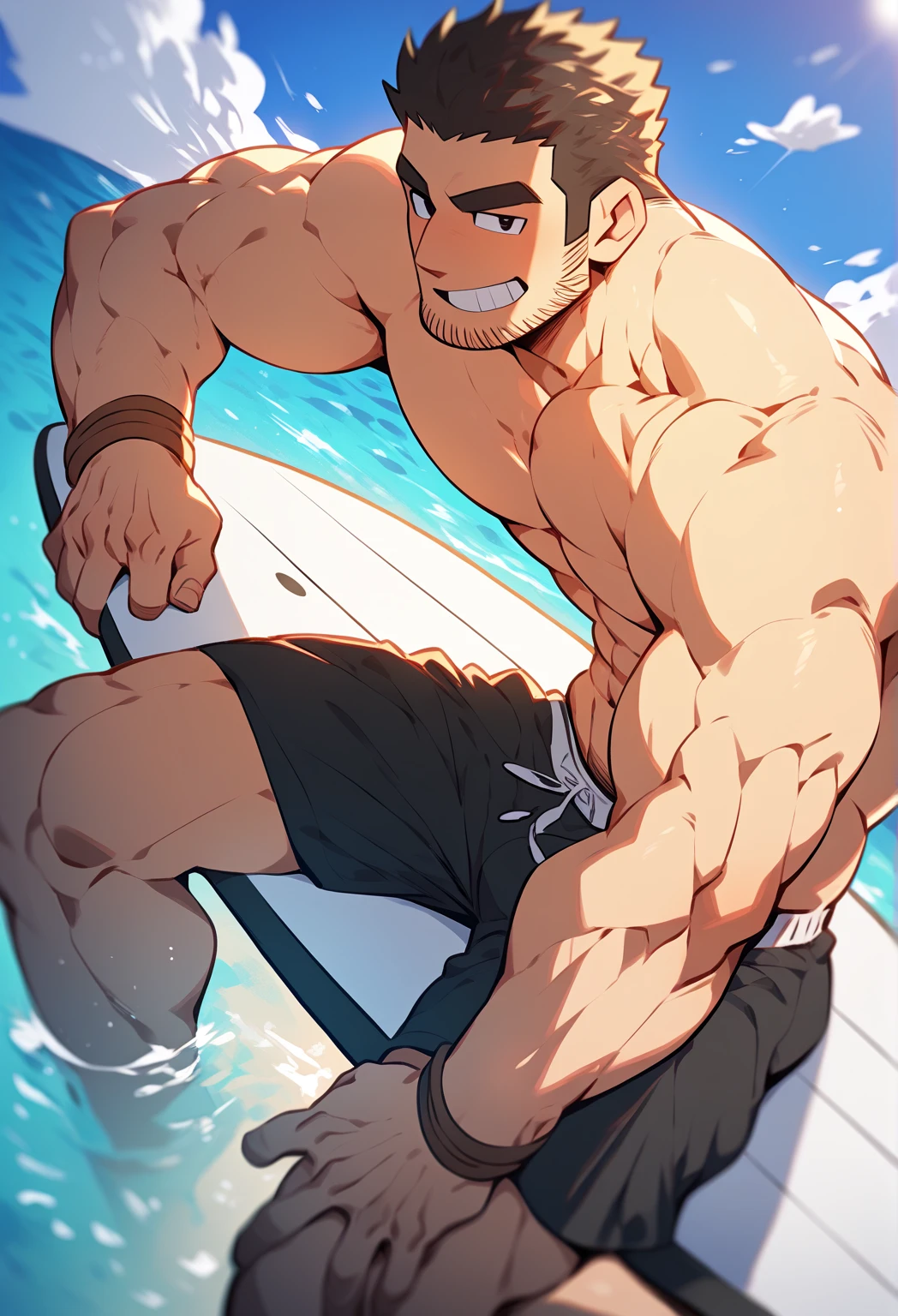 there is a 40 yo man with a beard in a swim suit standing on a surfboard, clean detailed anime art, squatting down next to a pool, muscular!!, muscular thighs, detailed legs looming over you, gigachad muscular, detailed anime art, male art, detailed digital anime art, inspired by Tomer Hanuka, muscular character, muscular legs, pixiv, at pixiv