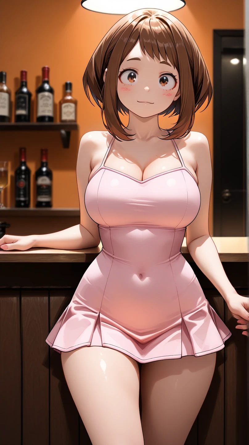 (8K、best image quality、highest quality、masterpiece)、detailed face、1 girl、brown hair、bob cut、parted bangs、straight hair、brown eyes、earrings、pink lip、blush、smile、big breasts、((pink sleeveless sweater))、((black pencil skirt))、mini skirt、black pantyhose、cowboy shot、((bar background))

