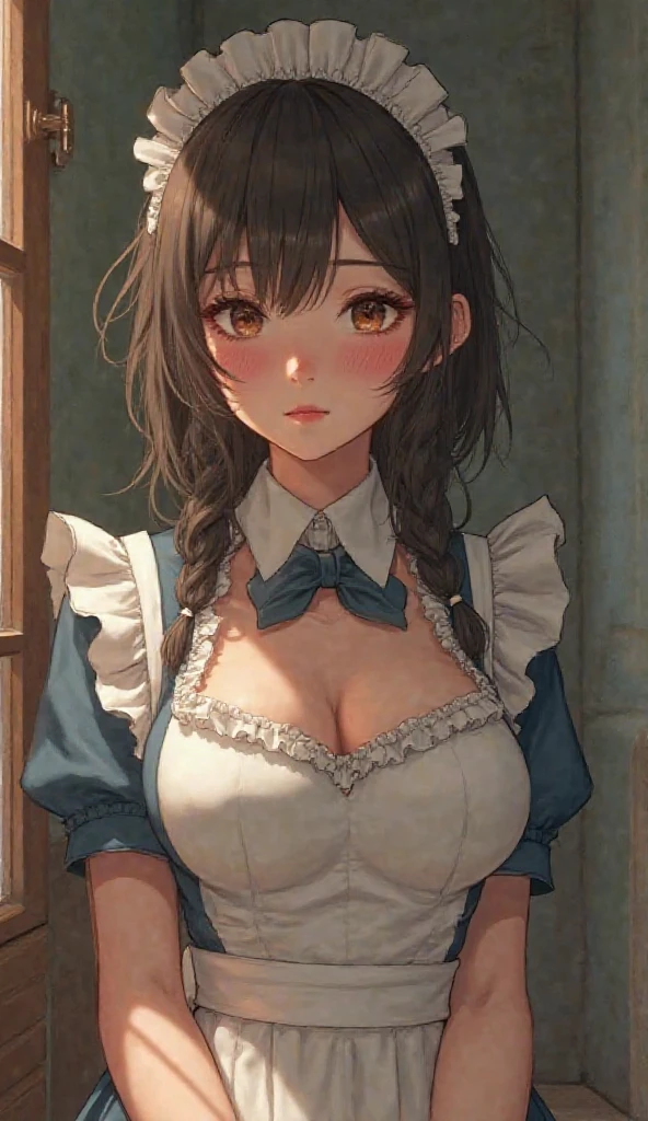 Anime. 1 girl. Housemaid. Pregnant. Black hair. Long hair. Hair is gathered in braids. Green eyes. Beautiful eyes. Perfect eyes. Expressive eyes. Beautiful nose. Ideal anatomical body. Beautiful graceful hands. Beautiful graceful legs. Medium breasts. Beautiful breasts. Nightgown. Contractions. The waters have broken. Childbirth. She's giving birth. I peed myself. I crap myself. Standing. Bedroom in a mansion. Full height. Embarrassment. Blush. Whole body. Extremely detailed CG Unity 8k wallpaper. Ideal lighting. Ultra high resolution 4K. Super detailed 8K resolution.