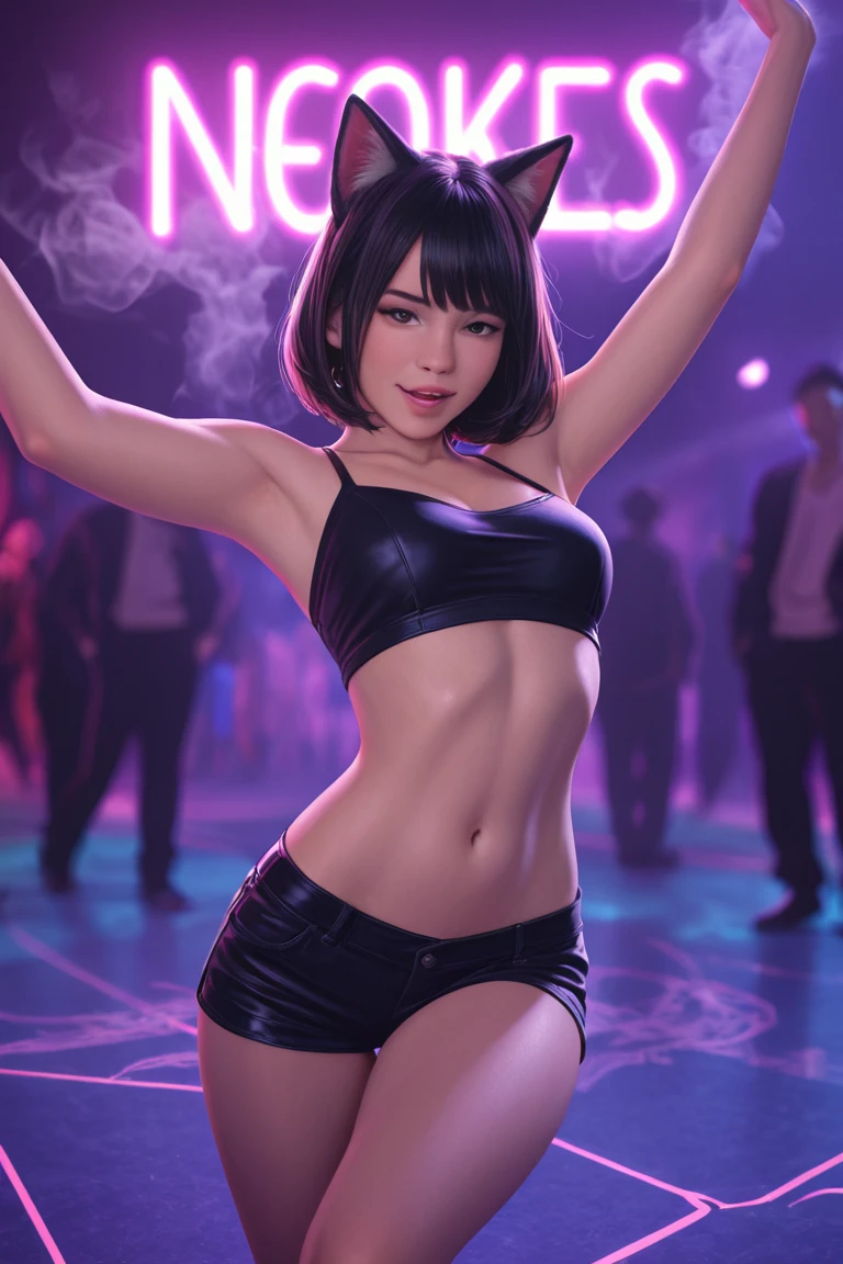 a girl, (super detailed face), bright lips, red lipstick, crazy smile, (brown eyes), (bright eyes), (beautiful expressive brown eyes), (super detailed eyes), eyeliner, (black hair, messy hair, short hair), (realistic hair), (round and small breasts), ((tank top off the shoulder)), short shorts: 1.2, mid-thigh length, dance pose, sensualizing, view from below, nightclub, ((( party lighting))), (((colorful light beams on screen))), hyperrealism, cinematic lighting, masterpiece, best quality, high resolution, textured skin, anatomically correct, 8k wallpaper.