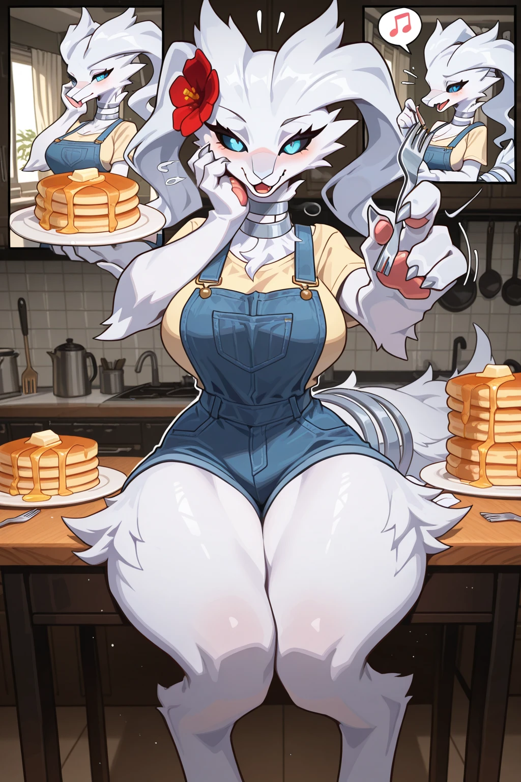 top quality, best quality, by rzminjourney, by vector-art, High-quality illustrations, masterpiece)(kemono, furry anthro)logo mark, round, female, slim body, big breasts, wide hips, clean eyes, yellow eyes, wearing a bikini with thong , climax, orange fur, zoomed out, horny, 1 character, thick thighs, apron serving food, lactation, futanari bulge, precum on food