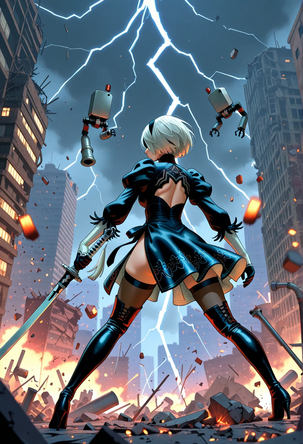 <lora:2BNAXL:0.8>, <lora:VctryVsg_pdxl_EliPot:1> vgtsav, hand on own face, <lora:Nuclear_Explosion:0.75> Nuclear Explosion in the Background, <lora:Eldritch Oil Style LoRA_Pony XL v6:0.6>,
1girl, professional photography of a 2BNAXL, upper body, (perfect anatomy), (highly detailed skin:1.2), very detailed face, (perfect face proportions), (ultra-detailed face and eyes and hair), (curvy body), perfect hands, blindfold, black blindfold, hairband, white hair, short hair, medium breasts, clothing cutout, cleavege cutout, black dress, puffy sleeves, feather-trimmed sleeves, black gloves, leotard, skirt, ruins,
score_9, score_8_up, score_7_up, score_6_up, 8K, (masterpiece, best quality, highres), (ultra-detailed, intricate details, hd-details), semi realistic, oil painting, sharp focus, cinematic lighting, volumetric lighting, (ultra-detailed background), (expansive, scenery), nsfw, uncensored