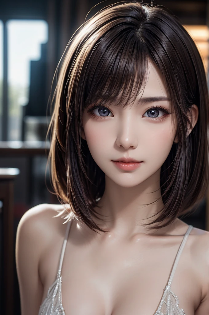 Photoreal、Masseter muscle part、highest quality、High resolution、RAW photo、realistic、bright lighting、face light、smooth professional lighting、alone、japanese woman、Half beauty、adult woman、Beautiful woman、super beautiful、realistic skin、realistic face、beautiful eyes、Big eyes、brown eyes、Inconspicuous tear bags、slim、medium big breasts、short hair、brunette colored hair、looking at camera、fun、Happy、playing the guitar、