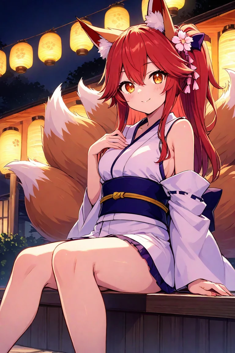1girl with long red hair, amber eyes, fox ears, slender body, ,fox tail, red kimono, big stomach, outdoors, near lake