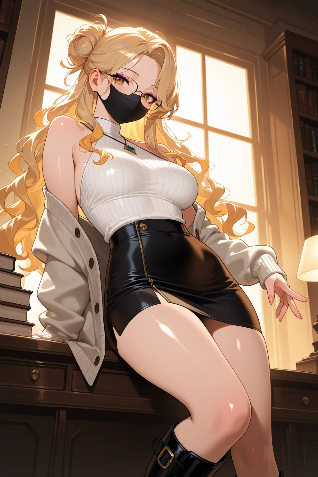 Anime echhi female d size cup with long blonde hair, wearing white cropped turtleneck with buttons, wearing blue miniskirt, wearing thigh high socks, wearing glasses in living room