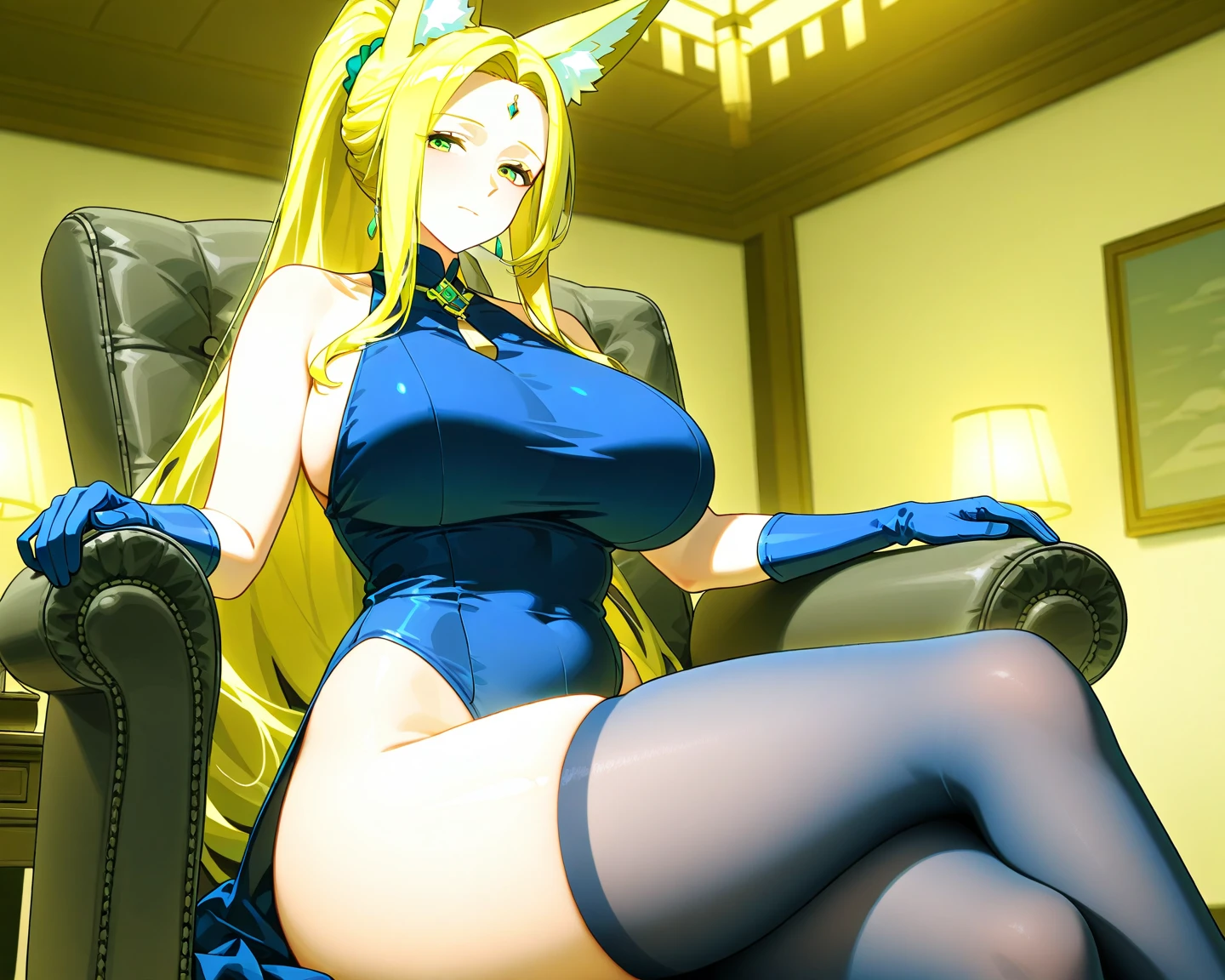 (Highest quality、highest quality、4K,SFW、model、Playboy Bunny、Blonde、Night view),Fully glazed、Ultra-luxury hotel、Suite bedroom、whole body、Huge saggy breasts and a big, toned ass(Super big boobs)、