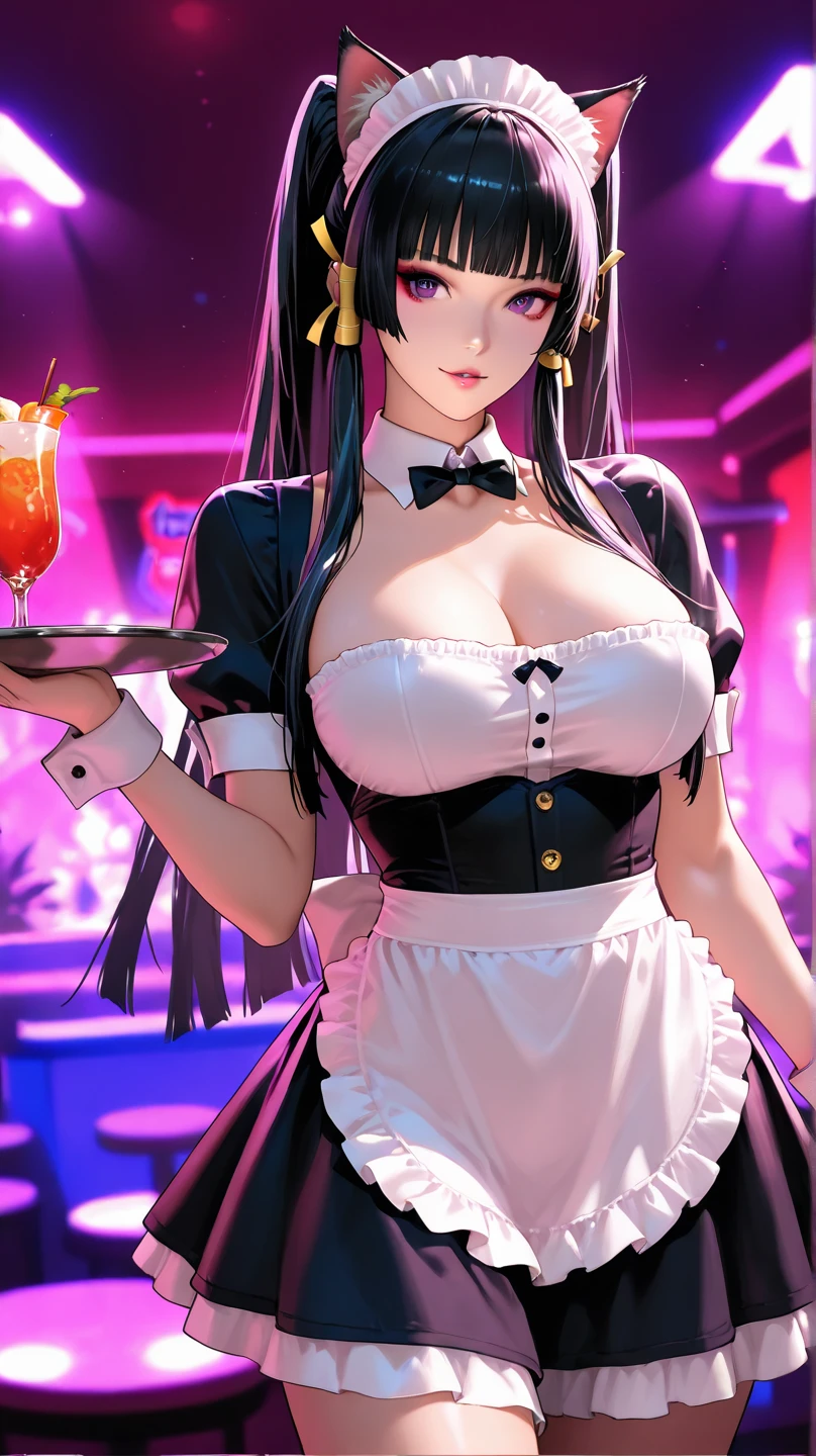 ​masterpiece, top-quality, 超A high resolution,(photographrealistic:1.4),((1girl in)), The upper part of the body, Close-up of a shot of the face, big eye, Colossal tits, cleavage of the breast, pink there、headphones、doress、games、 cute little, 年轻, the pose, looking at the viewers, cyberpunked, nightcity, criss-cross,A sexy,a room, pink hair, pink eyes