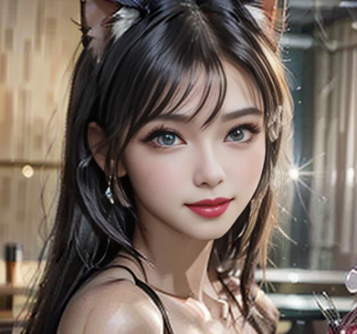 1girl, beautiful detailed wolf ears, (beautiful detailed wolf nose and lips:1.7), long gray hair, beautiful detailed skin, slim fit body, large breasts, six pack abs, bunny girl costume, twe hands up showing armpits, casino background, (best quality,4k,8k,highres,masterpiece:1.2),ultra-detailed,(realistic,photorealistic,photo-realistic:1.37),detailed eyes, detailed face, gorgeous, elegant, striking