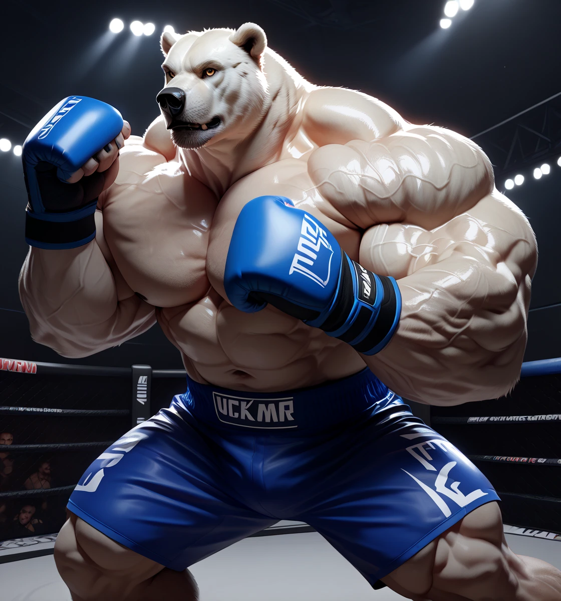 Solo, 1boy, a highly muscular, shirtless polar bear with a huge, bulky physique, wearing only light blue MMA fighting shorts, fingerless gloves, and MMA footwear, performing intense kickboxing training at the gym, 1 male, high quality, highly detailed, short hair, wide pectorals, correct anatomy, photorealistic, detailed eyes