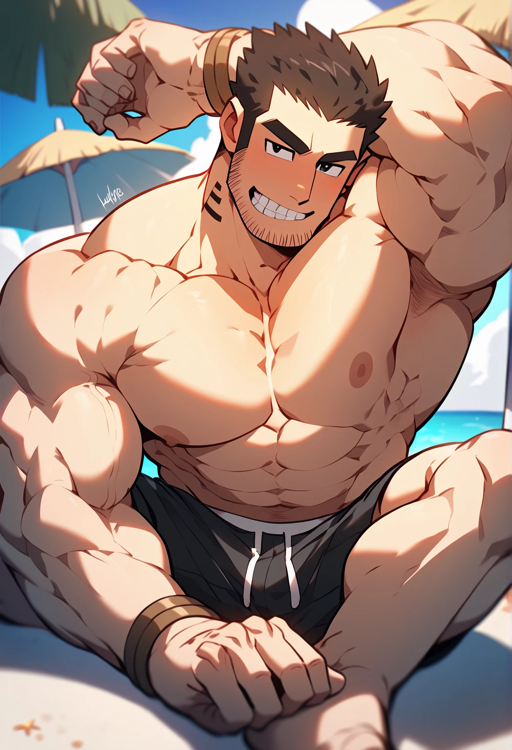 独奏,there a man,Full body depiction,male only,Raised sexy,Refreshing Smile,winking,white legwear,G-string bikini, Masculine appearance, Mature men, Handsome, no pant, anime style art,sbeard,Volumetriclighting, Smooth and sharp focus, illustratio, Artistically, black facial hair, short detailed hair, Beautiful mesh hair, musculature, male people, Homosexuality, malefocus, Wet body,suntanned skin,dogstyle,a sharp gaze,looking at viewert,squating, big cock, big dick, bulge in crotch, erection