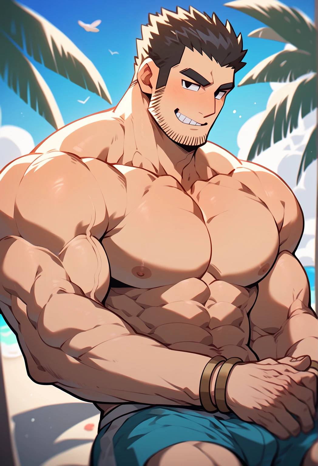 score_9, score_8, score_7, 8K,masterpiece, detailed, source_anime, (hyperdetailed face),(Ultra-detailed eyes)、 {{masterpiece, Best Quality, Highly detailed}}、(Detailed: 1.2), (Very detailed and beautiful: 1.1)、illustration, 40 yo daddy, gay, bara, solo male, mature male, muscular, dark skin, blond hair, manly, gaudy, soft smile, pierced earrings, crew cut hair, tongue piercing, Yankee, beach, sexy men's swimwear