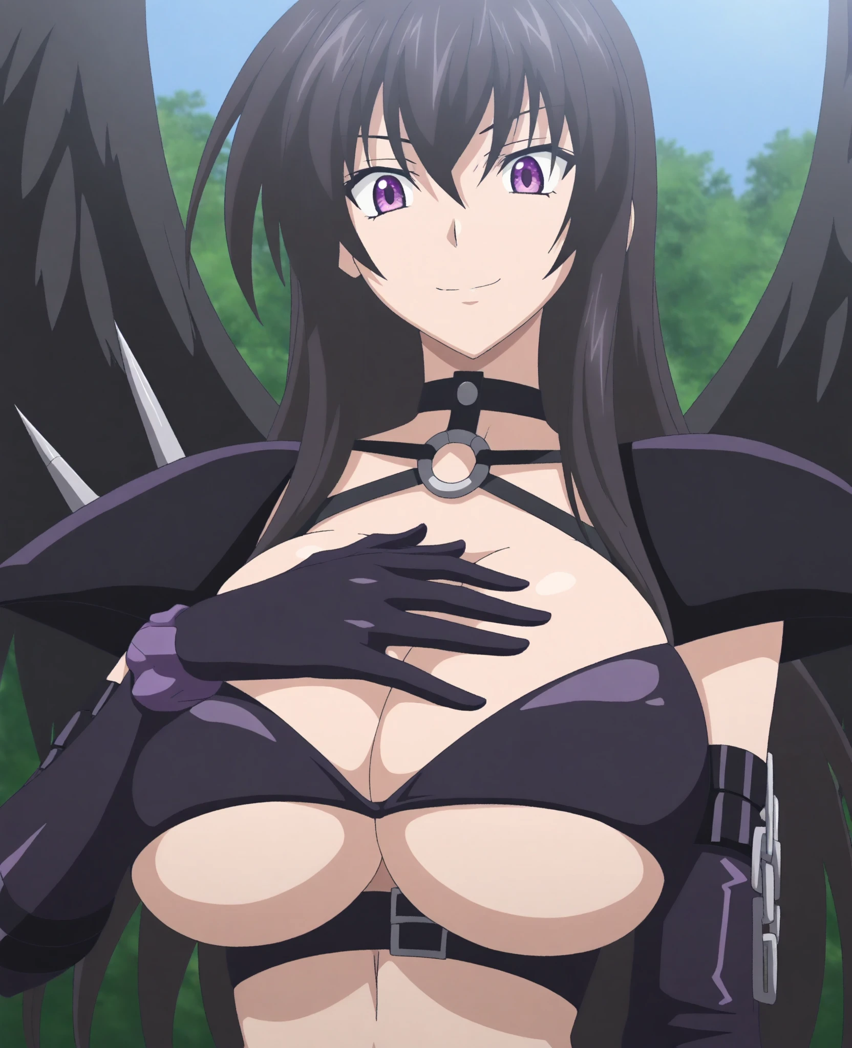 <lora:Maria:0.8>, Maria, 1girl, solo, looking at viewer, smile, black hair, dress, navel, bare shoulders, collarbone, indoors, black dress, facial mark, parody