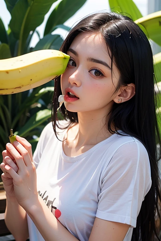 1 girl, very cute, japanese idol, young skinny, happy smile, sitting, licking a banana,