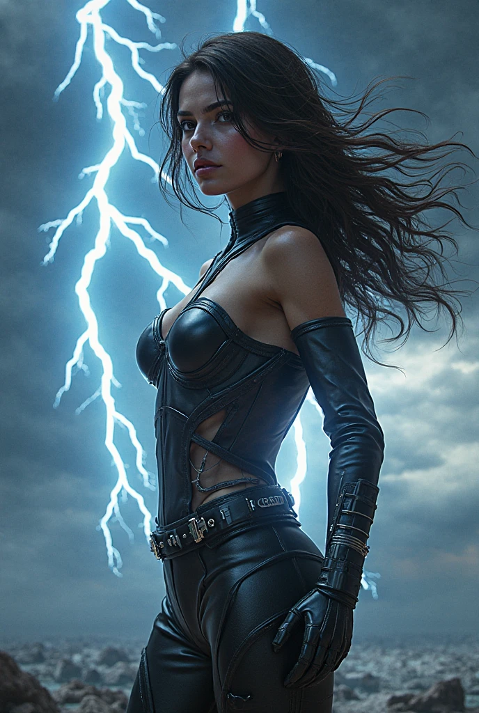 (masterpiece), cartoon, best quality,(photo_(medium):1.0), by Antonio J. Manzanedo, by Jeremy Lipking, lightning, painting style with watercolor, Brushstrokes, black eyes,colorful,vibrant colors full body shot, full body shot, slim slender body, large breasts, cleavage, hot and sweaty, wet white panties, blurred background. Black storm clouds. Lightning.