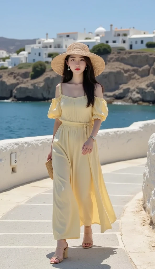 The image shows a chinese woman wearing a yellow dress with a low back and thin straps. She is side seated lefthand outdoors near a body of water, with a wooden deck and some floating yellow blocks visible in the background. There is a large white handbag placed on the deck next to her.
