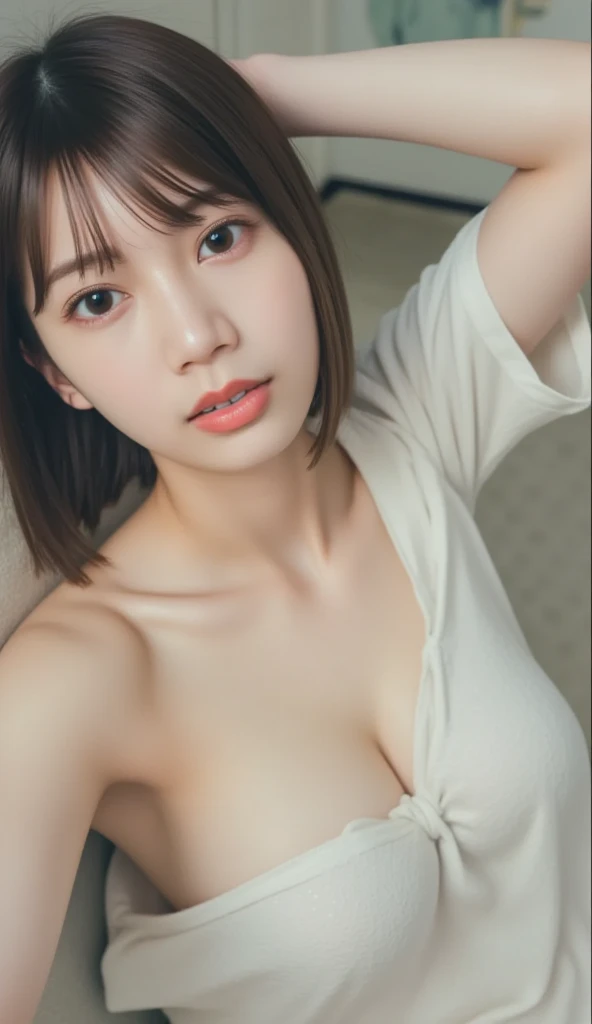absurdres, (masterpiece, best quality), (ultra-detailed), extremely detailed,super high resolution, (Top Quality photorealistic Illustration), (Super Definition), (best quality,masterpiece:1.0),(cute illustration), (high Saturation), highres, ultra-detailed, 32k,8k resolution, intricate details, cinematic scene, detailed background, Soar (High chroma),(Sparkling),bathroom, depth background, in the sandy beach, ocean, splashing, blue sky, windy, rim light, sunlight, beautiful lighting, strong light,BREAK (1 girl) (kawaii), (cute), Beautiful and delicate eyes, Delicate and beautiful face, Facial accents, Perfect figure,(open shirt:1.6), (show off small nipples:1.4), (small areolas:1.4), Uniforms、bright expression、short bowl cut、Young shiny shiny white shiny skin、Best Looks、Natural black hair with dazzling highlights、shiny light hair, (short hair:1.6), silky straight hair、Beautiful bangs that shine、Double eyelids、eye liner、Glowing crystal clear attractive big brown eyes,(Very beautiful nice cute 14 year old Nordic girl:1.6)