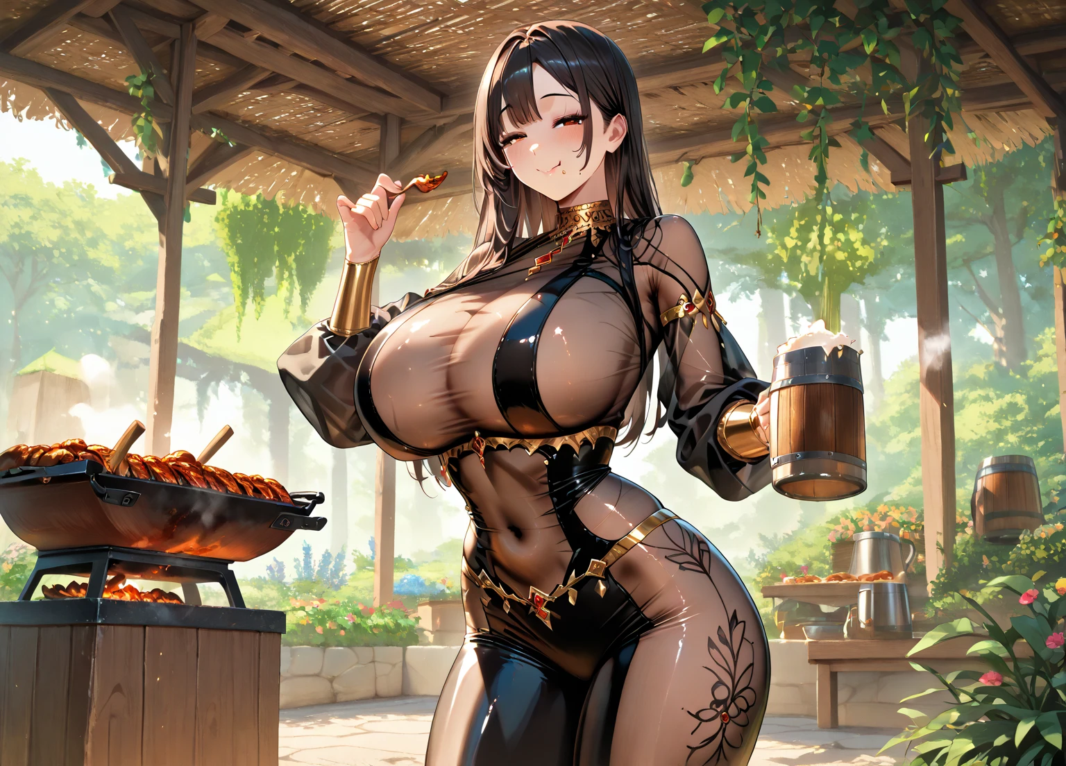 32K，tmasterpiece，Faraway view，（（extremely huge breast）），Collar，three-point style，aprons，Reflective glossy leather，slightly fat big breasts，Enlarged buttocks，（best qualtiy）， detailedbackground，Black girl， terroral， bionicle， succubi，Long horn，coda，the night，bonfires，stars，Ass focus，tmasterpiece，Faraway view，Two pink bumps，slightly fat big breasts，potbelly，Fat super ass，Ultra-transparent fishing nets，florals，Inside T，Unoccluded，super breasts