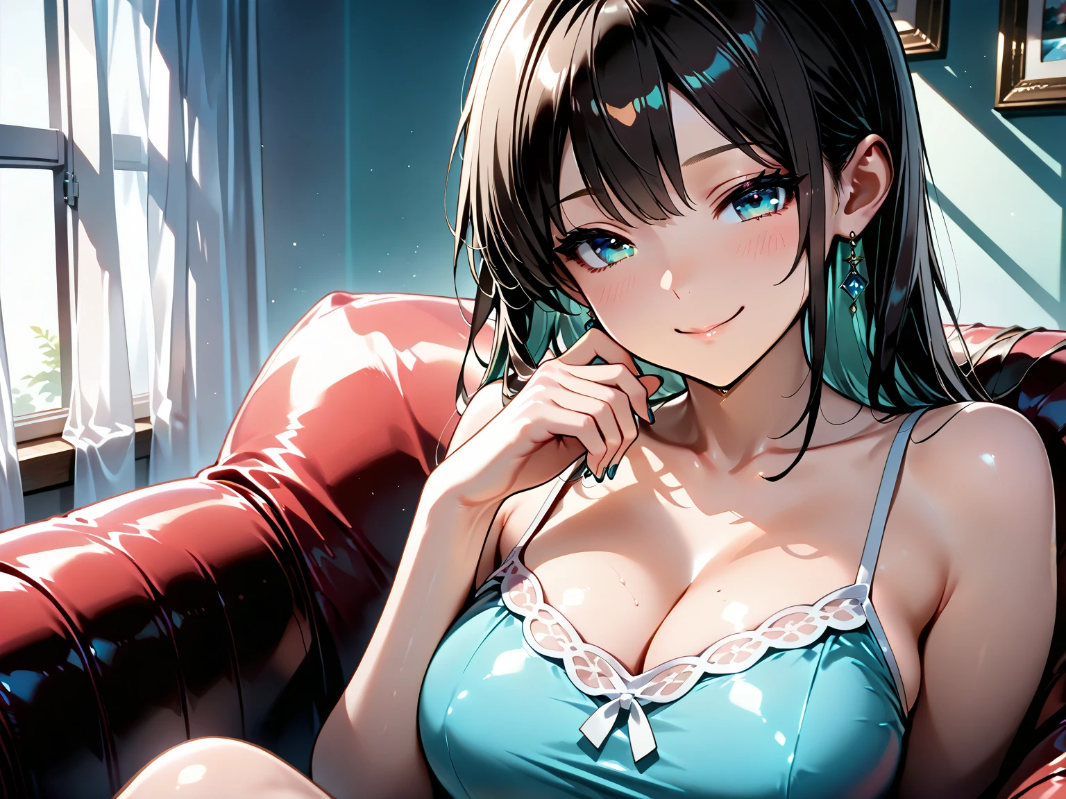 camera angle from underneath, thick hair, crystal blue eyes, open mouth smile, aroused 25 years old, playfully aroused, dripping with desire, cleavage, low cut tanktop , skirt, stretching, coy smile with open parted lips, (blushing:1.3), looking invitingly at the viewer, seductive eyes, facing the viewer, livingroom background, posing by the sofa, (pov), glowing eyes, necklace, earrings, nsfw,