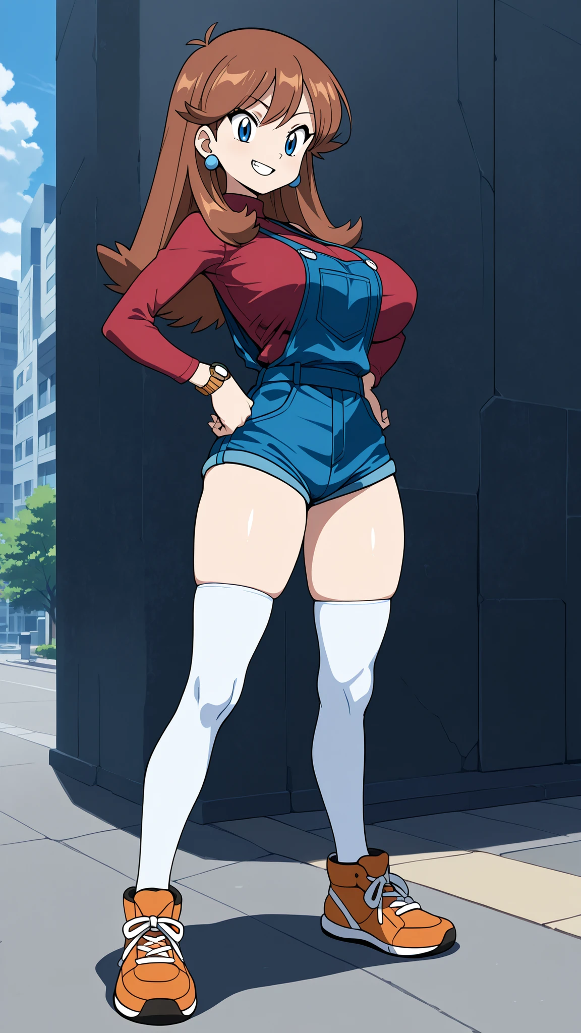(((pixel-perfect, detail-perfect))), solo focus, 1girl, you watanabe, looking at viewer, smile, superhero, leotard, highleg leotard, bare legs, boots, standing, solo focus, tight belt, hands on hip, full body shot, city backdrop, sleeveless, ultra highres, absurdres, ((only five fingers)), perfect body, good proportions,