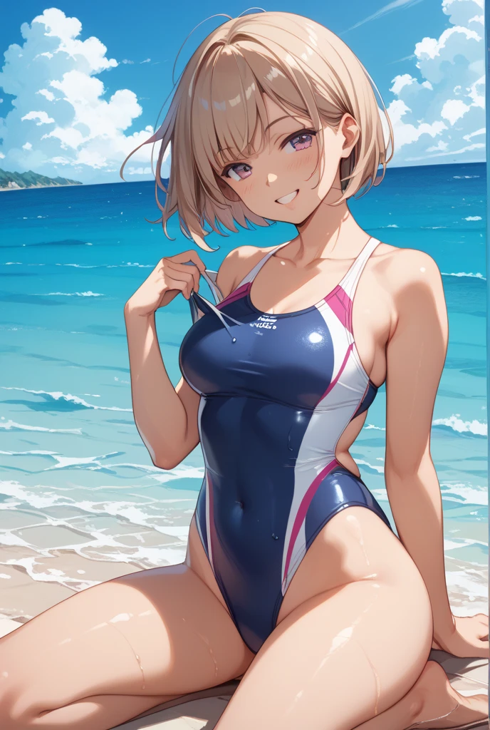 Strong anime girl in a white swimsuit, wet holding a toy gun, 4 k, artwork, panoramic angles, playing on the beach, in the style of highly detailed exquisite, ( ilya kuvshinov )
