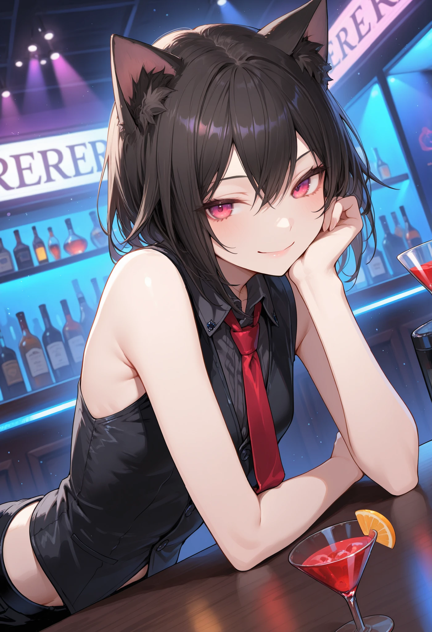 masterpiece,perfect anatomy,high resolution, ultra-detailed,beautiful detailed eyes,dutch angle,absurdres,
1girls,solo,cat girl,Bartender,sleeveless,NECKTIE,ANIMAL EARS, SKINNY,smile,Nightclub,Serve cocktails,head rest,seductive smile,