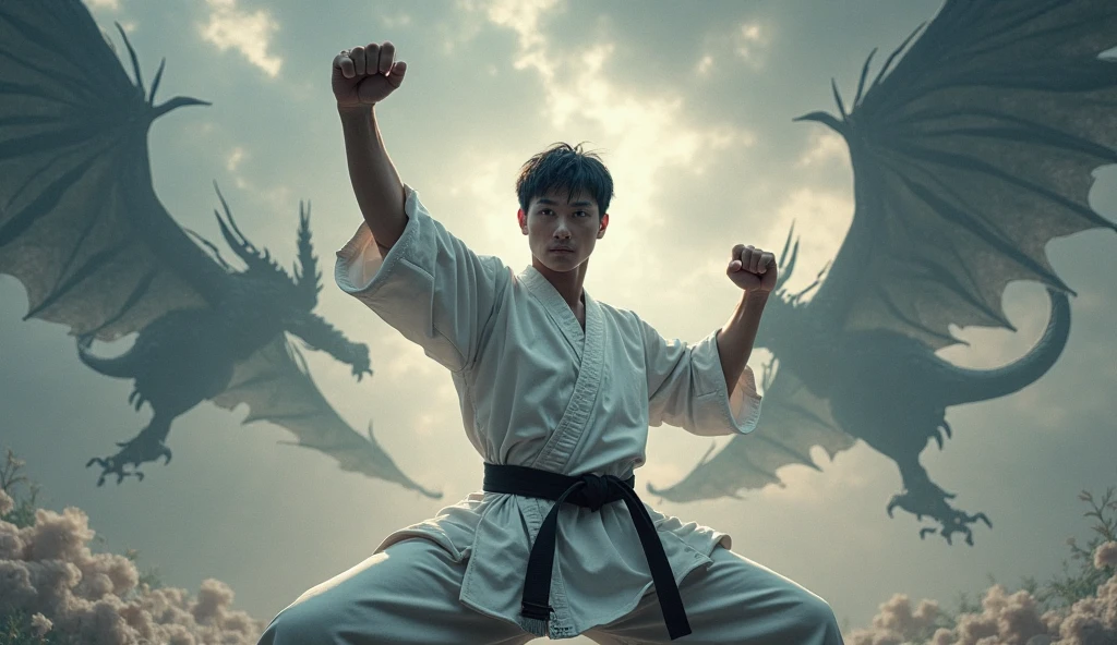 very detailed and realistic photo, HD quality, 4K, a man expert in traditional Javanese Indonesian martial arts. 50 years old, sturdy body slightly muscular, short black hair, position facing the camera, with a horse stance, right hand holding a fire sword and left hand clenched crossed in front of the chest, wearing a white t-shirt, black pants and traditional Javanese shoes, in a dimly lit room full of mystical nuances there is white smoke, behind the person's standing position there is a very exotic angry dragon, showing the dragon moves demonstrated by the martial arts expert. A young Indonesian girl facing the camera full face appears, clean smooth skin, loose black hair with a red and white Indonesia flag headband wearing a tight white t-shirt and sexy short bottoms wearing traditional Javanese Indonesian shoes sitting half cross-legged in front of the martial arts expert. make it in detail and very complicated and very clear, realistic and sharp.