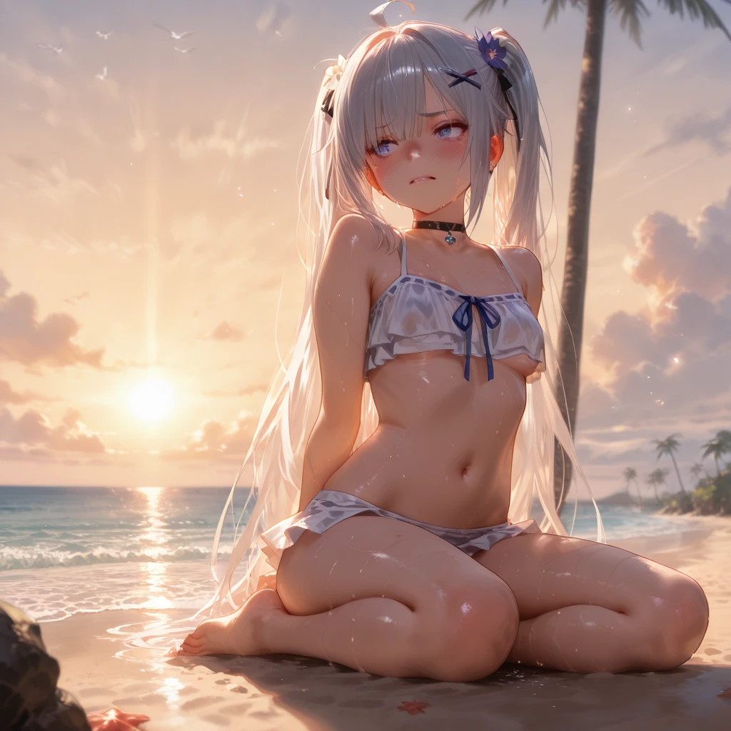 ((Kamisato Ayaka in Genshin Impact)),solo, ((semi long beautiful silver blue hair,beautiful blue eyes)),
low angle,from behind,butts focus, ((masterpiece, highest resolution,best quality)), (illustration),(white beautiful elegant bikini,string tied bra and panties), (lying on the sand,on the stomach,legs open),gleaming skin,wet,
 (Looking back,innocent smile), white over-kneehighs,Lace chalker, wristband, fingerless gloves, over-kneehighs,windy,cinematic lighting and pause, beach, sand, blue sky, waves, coconut tree,fish,boat,sea gull,
