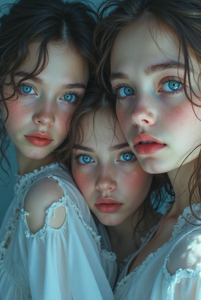 (3 girls), Young faceอินโดนีเซีย, smile, white skin, Round breast, blue eyes,((Off-shoulder clothing))Masterpiece, Highest quality, 8k, beautiful girl, Young face、 photography, Cute face, thigh,Prairie is embarrassing、รอยsmile、((((((12 years old))))))、small waist,((Busty breasts))blue eyes(((big breasts:1.2)))