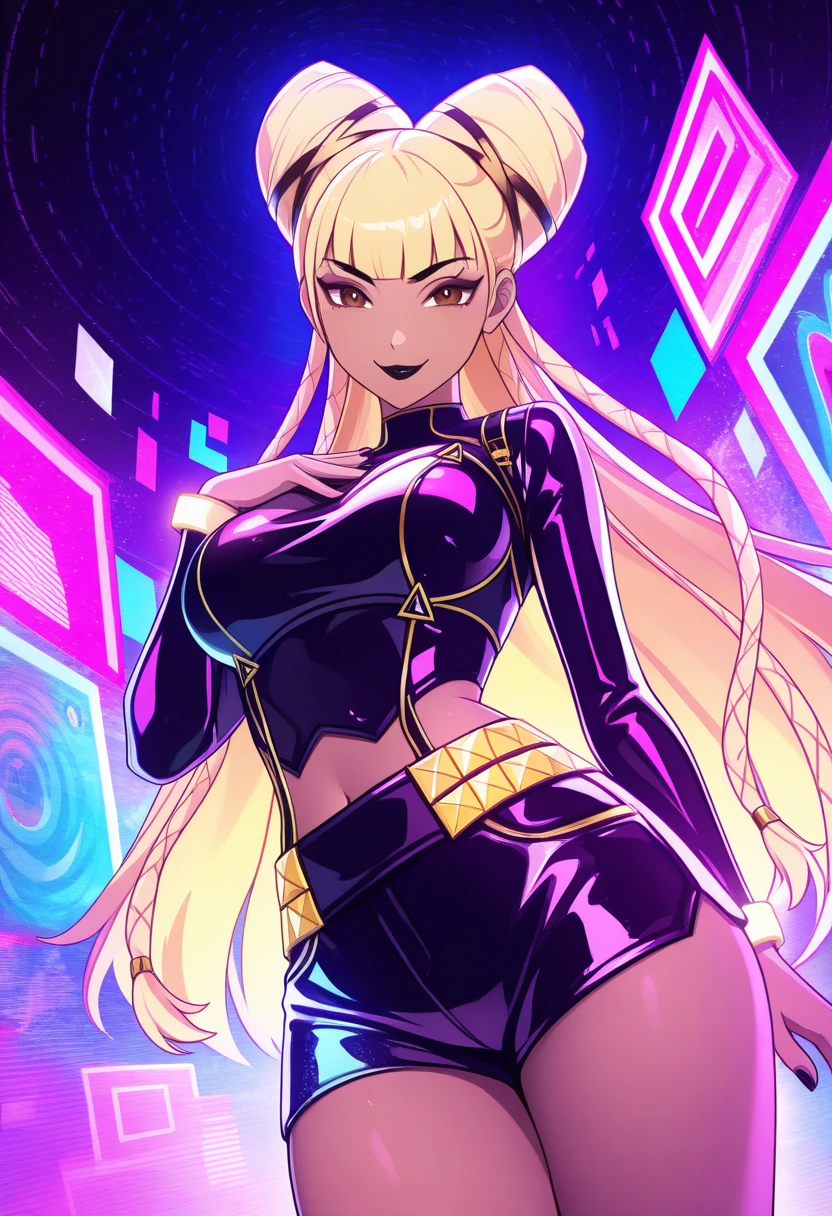 She has dark brown skin and brown eyes. Her lipstick is violet and she has a very light blush. Her glittering gold hair is worn in large Afro puffs, and she has short straightened bangs. She wears a glittery, one-shouldered black leotard with a gold belt and flats. SPARKLE; GLITTER