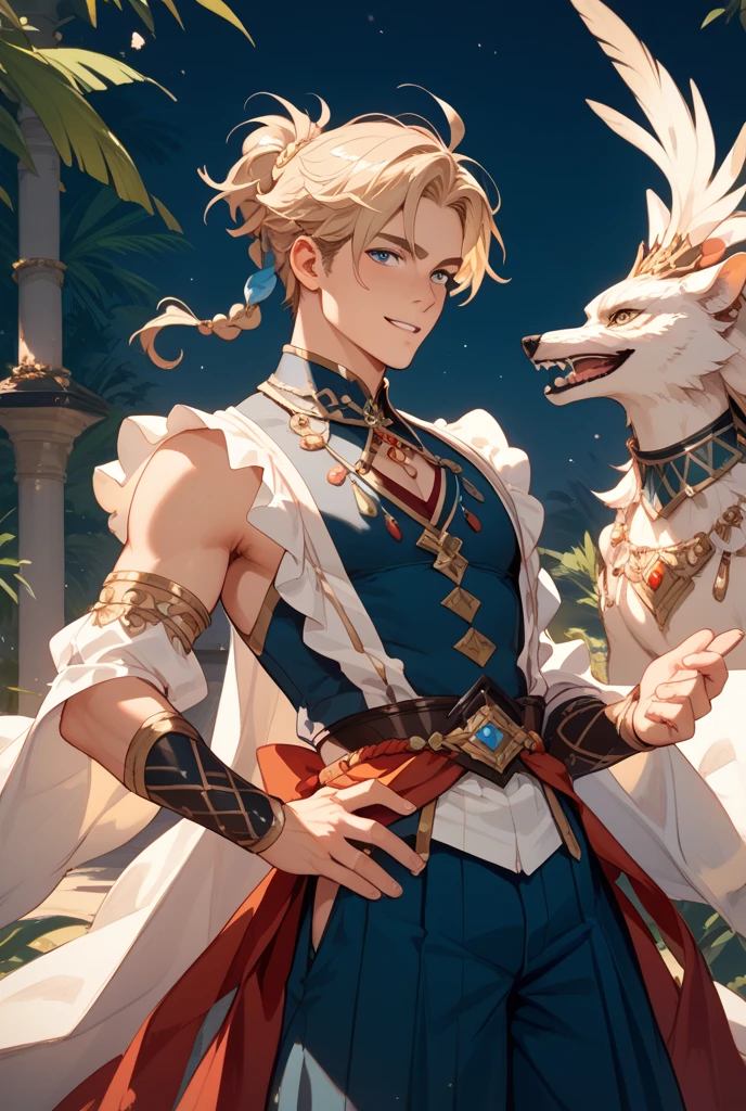 (masterpiece:1.3),(最high quality:1.4),(Very detailedな:1.5),High resolution,Very detailed,8k,artwork,High level of detail,rendering,high quality,Wide range of colors,（Anime men）,Handsome、Attractive Anime Men,Slippery、quiet、{Provocative}, fox ears, blonde hair, black eye, {{gently smile}}, naked, NUDE, japanese, Gentle, elegant, mature, 27 years old, sharp face, fox man, Calm, confident, {chess kitsune}, playfully tilted his head to the side